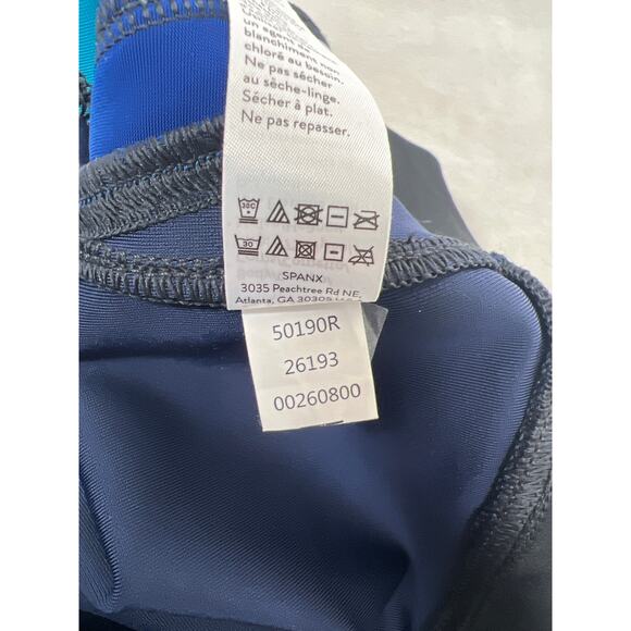 Spanx Faux Vegan Leather High Waist Blue Track Stripe Leggings Women's Small - Picture 9 of 11